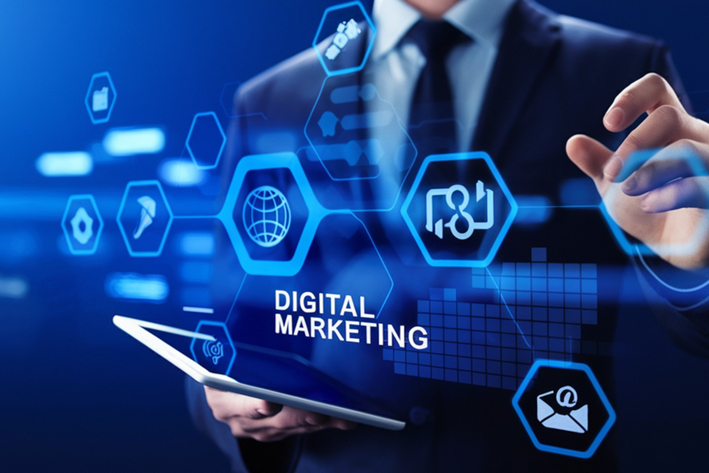 Digital marketing strategy concept showing a professional using technology icons for SEO, social media, email marketing, and online growth