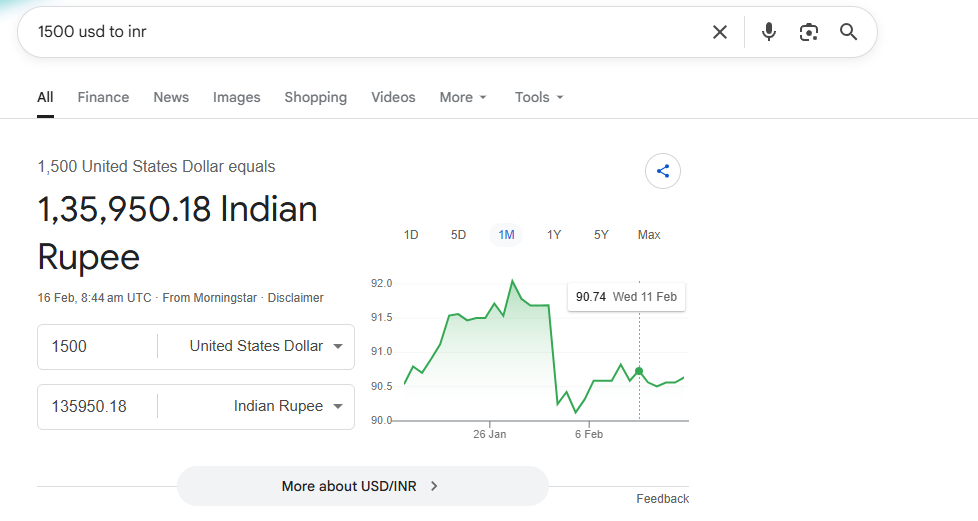 Zero-Click Search example showing Google displaying instant USD to INR conversion on the SERP